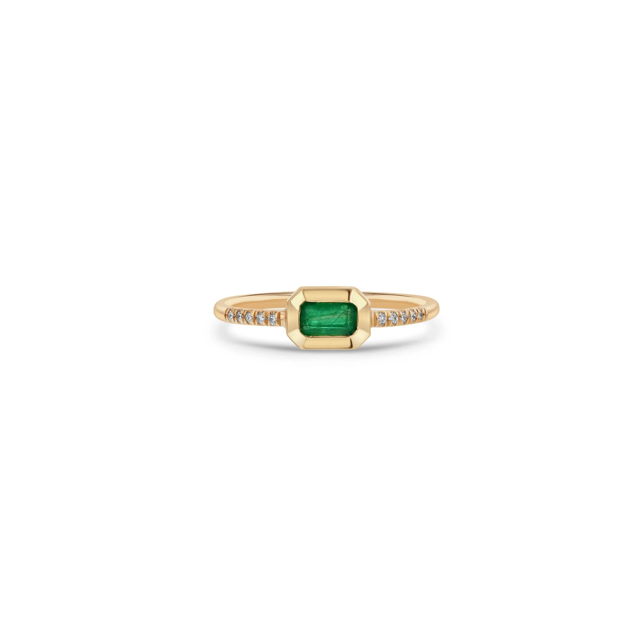 14k Emerald Cut Emerald Bezel Pavé Diamond Band Ring