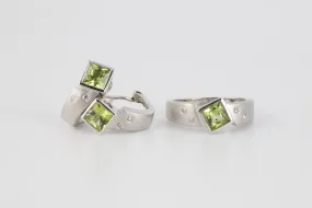 14K White Gold Peridot & Diamond Earrings and Ring Set Size 7 (8.30g.)