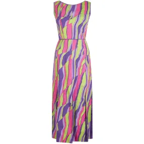 1960s Multicoloured Abstract Print Demi Couture Maxi Dress With Broad Tassel Hem