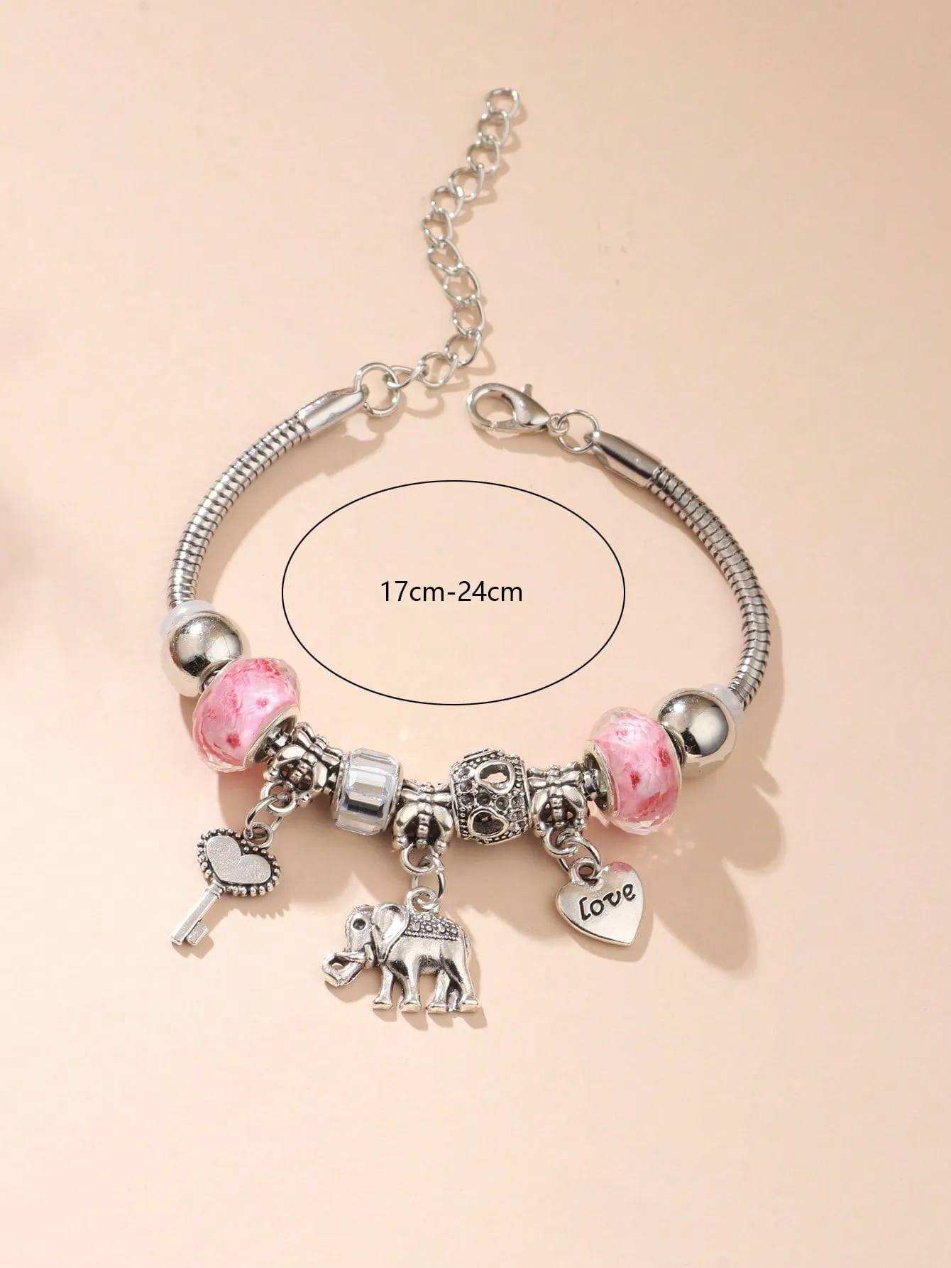 1pc Fashion Zinc Alloy Elephant & Heart Charm Bead Decor Bracelet For Women For Gift