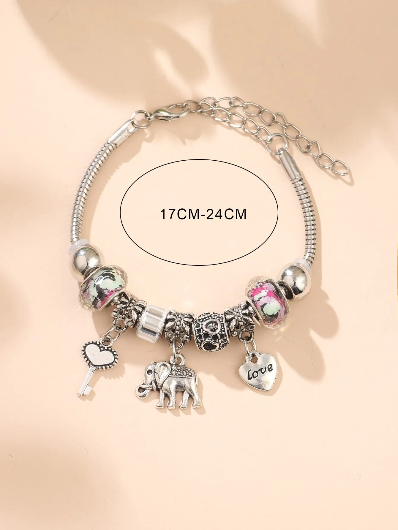 1pc Fashion Zinc Alloy Elephant & Heart Charm Bead Decor Bracelet For Women For Gift