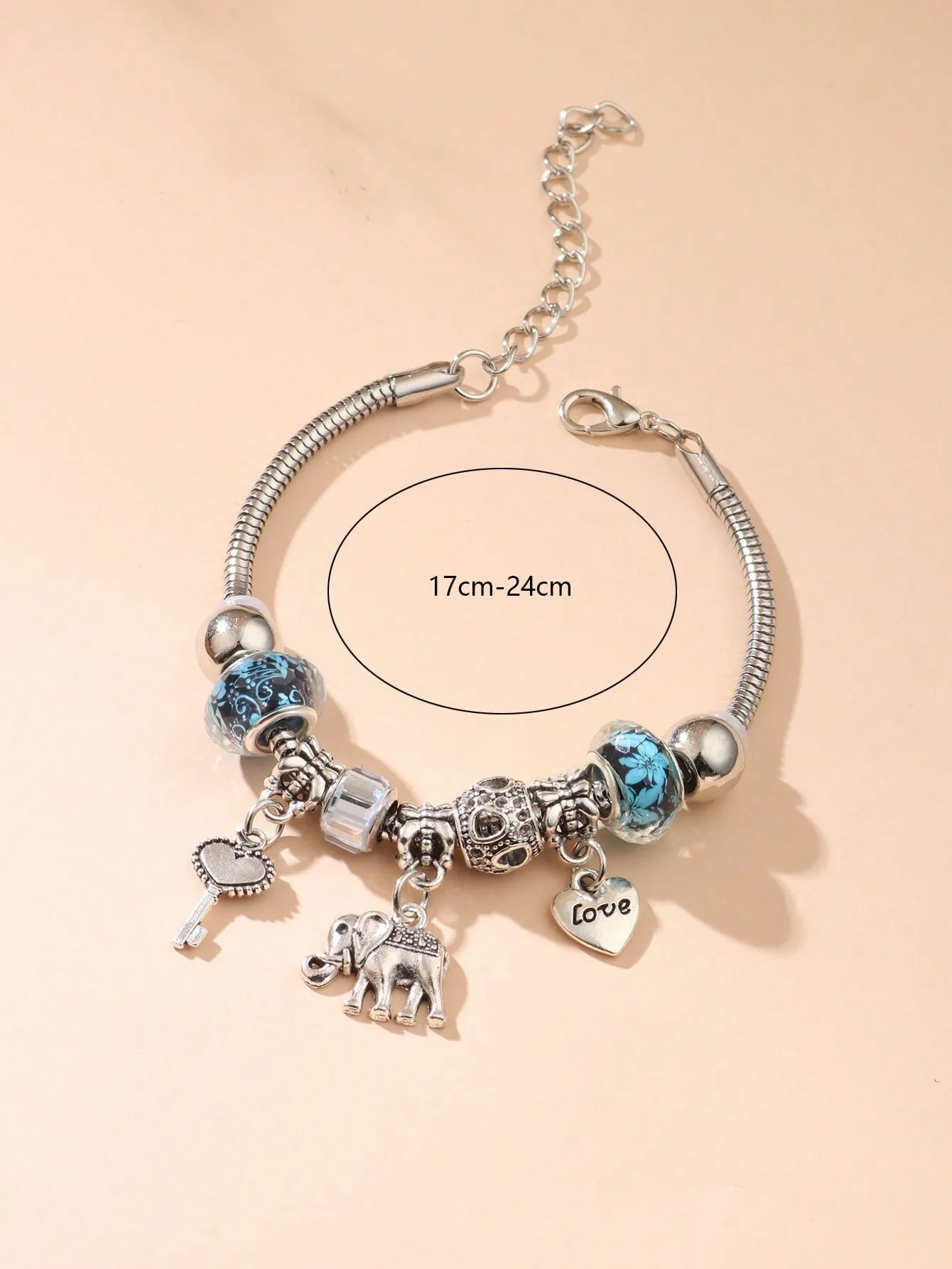 1pc Fashion Zinc Alloy Elephant & Heart Charm Bead Decor Bracelet For Women For Gift