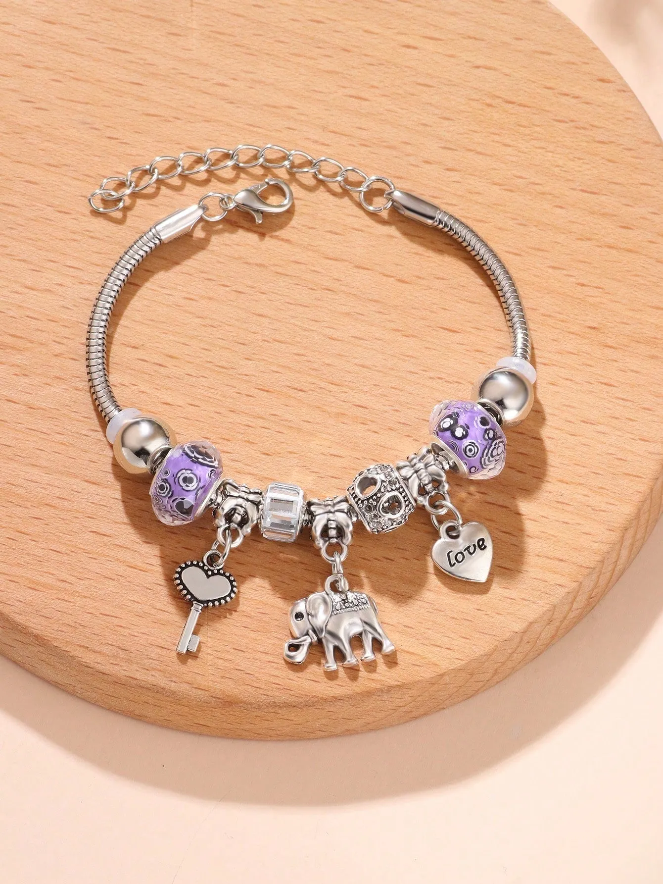 1pc Fashion Zinc Alloy Elephant & Heart Charm Bead Decor Bracelet For Women For Gift