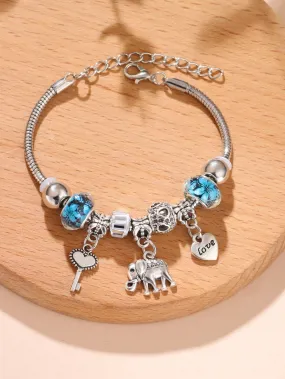 1pc Fashion Zinc Alloy Elephant & Heart Charm Bead Decor Bracelet For Women For Gift