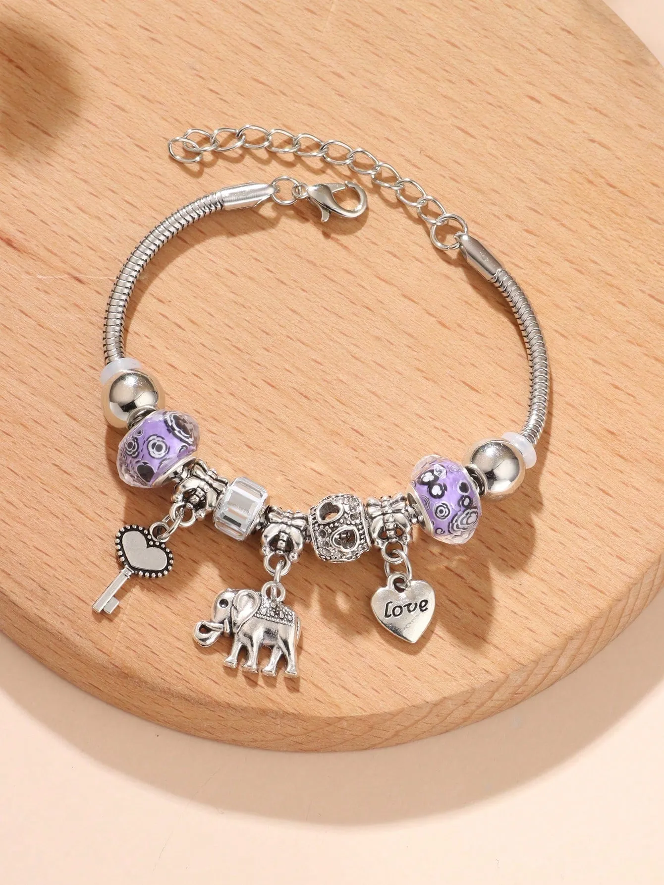 1pc Fashion Zinc Alloy Elephant & Heart Charm Bead Decor Bracelet For Women For Gift