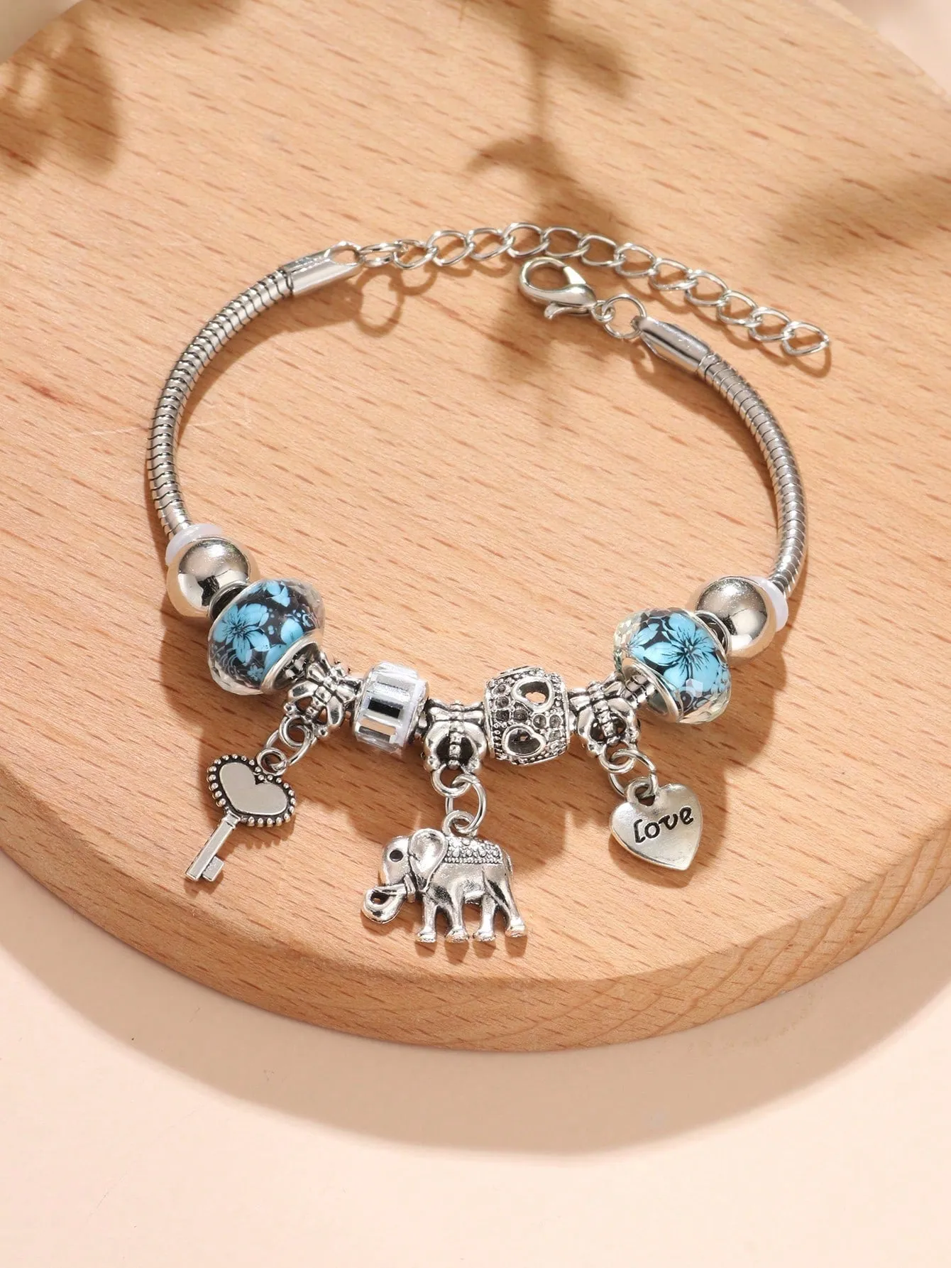 1pc Fashion Zinc Alloy Elephant & Heart Charm Bead Decor Bracelet For Women For Gift