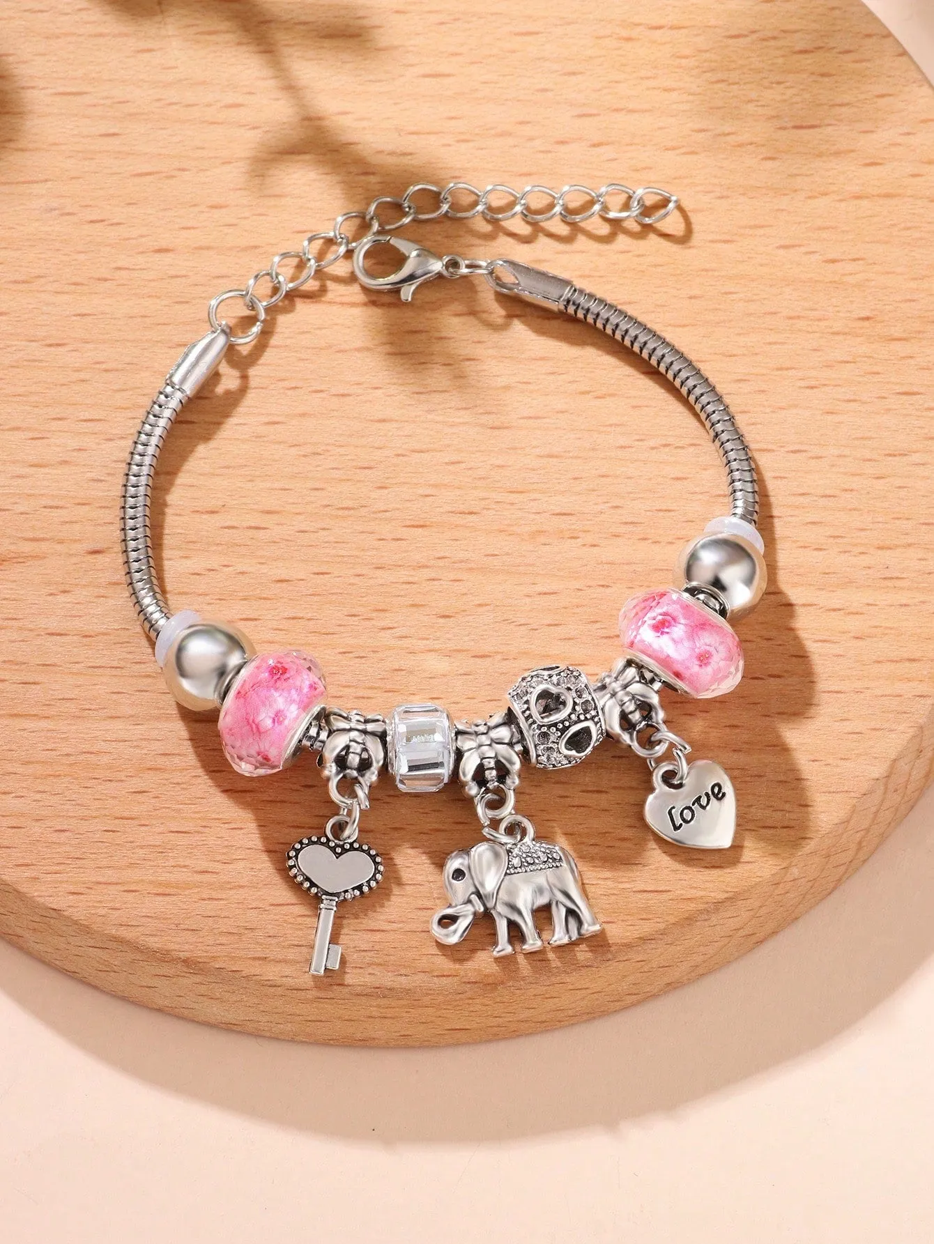 1pc Fashion Zinc Alloy Elephant & Heart Charm Bead Decor Bracelet For Women For Gift