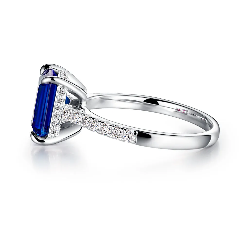 3 CT. Side Stone Lab Grown Sapphire Engagement Ring With Hidden Halo