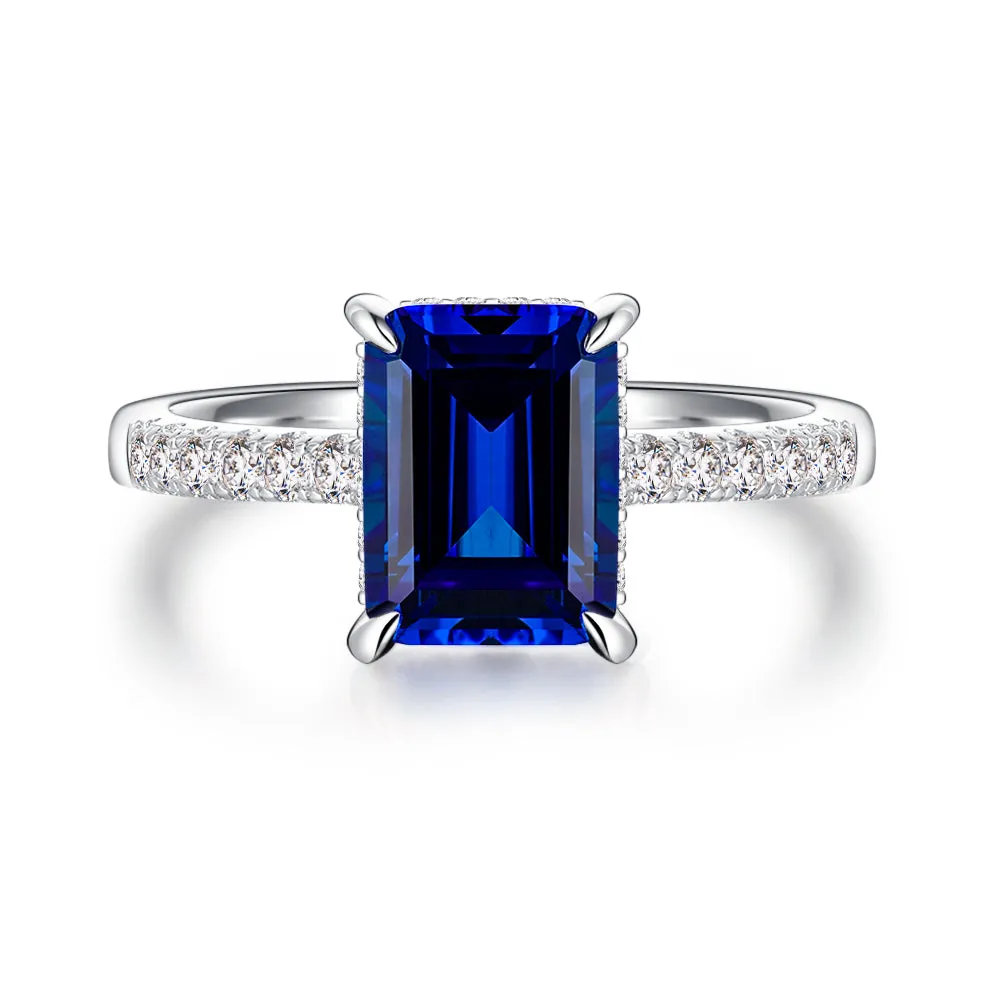 3 CT. Side Stone Lab Grown Sapphire Engagement Ring With Hidden Halo