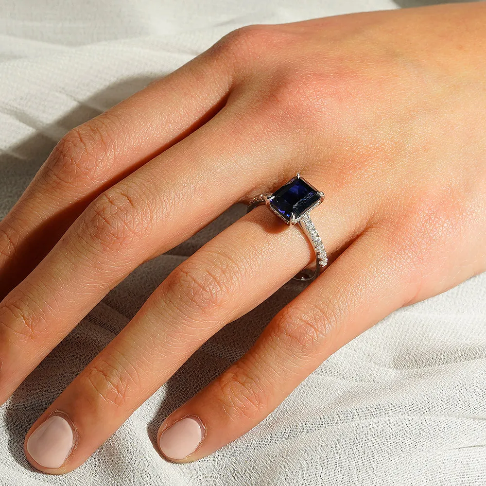 3 CT. Side Stone Lab Grown Sapphire Engagement Ring With Hidden Halo