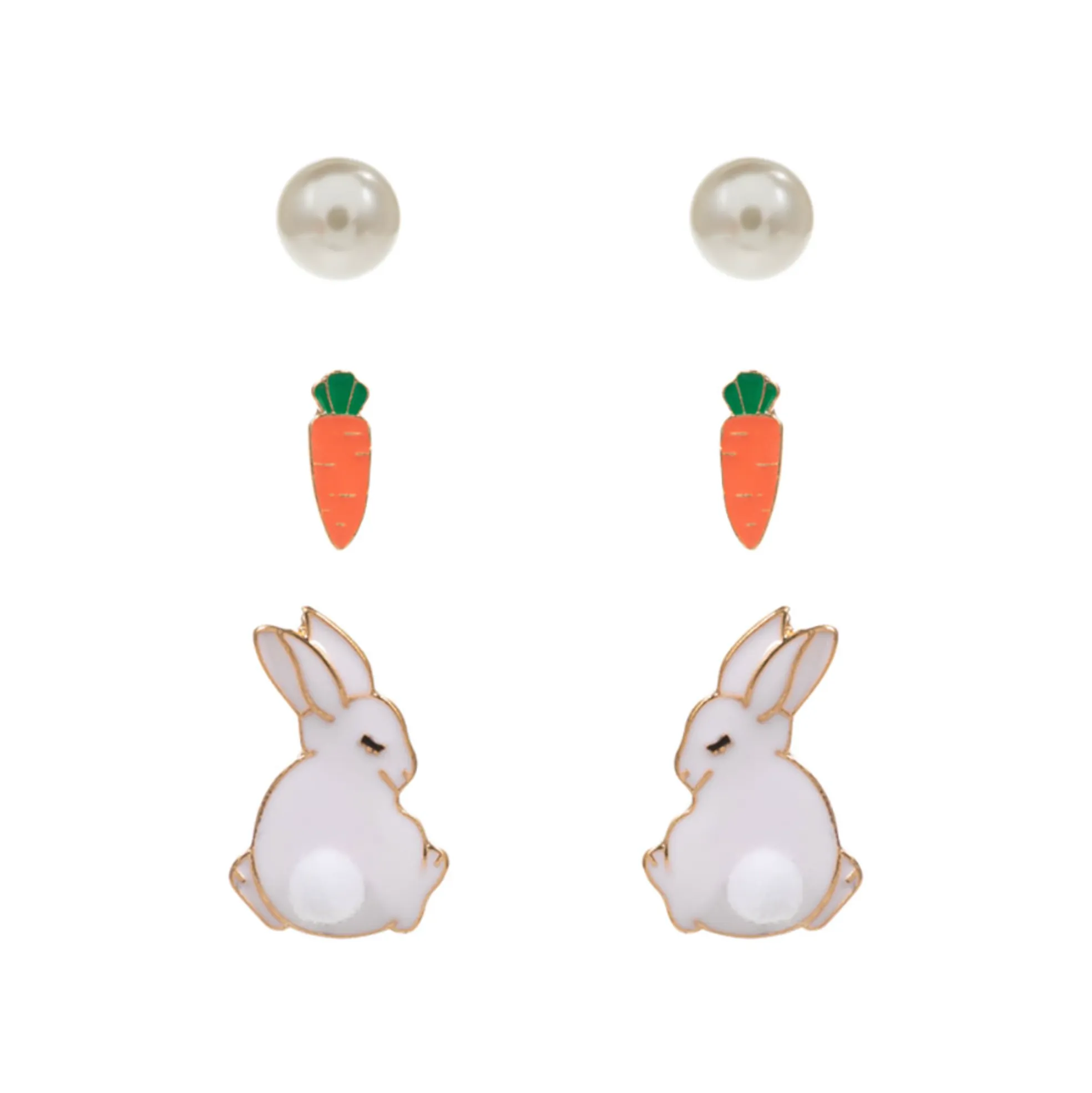 3PAIRS - Easter Bunny Carrot Pearl Stud Earrings Set