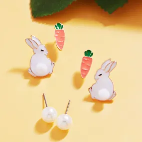 3PAIRS - Easter Bunny Carrot Pearl Stud Earrings Set