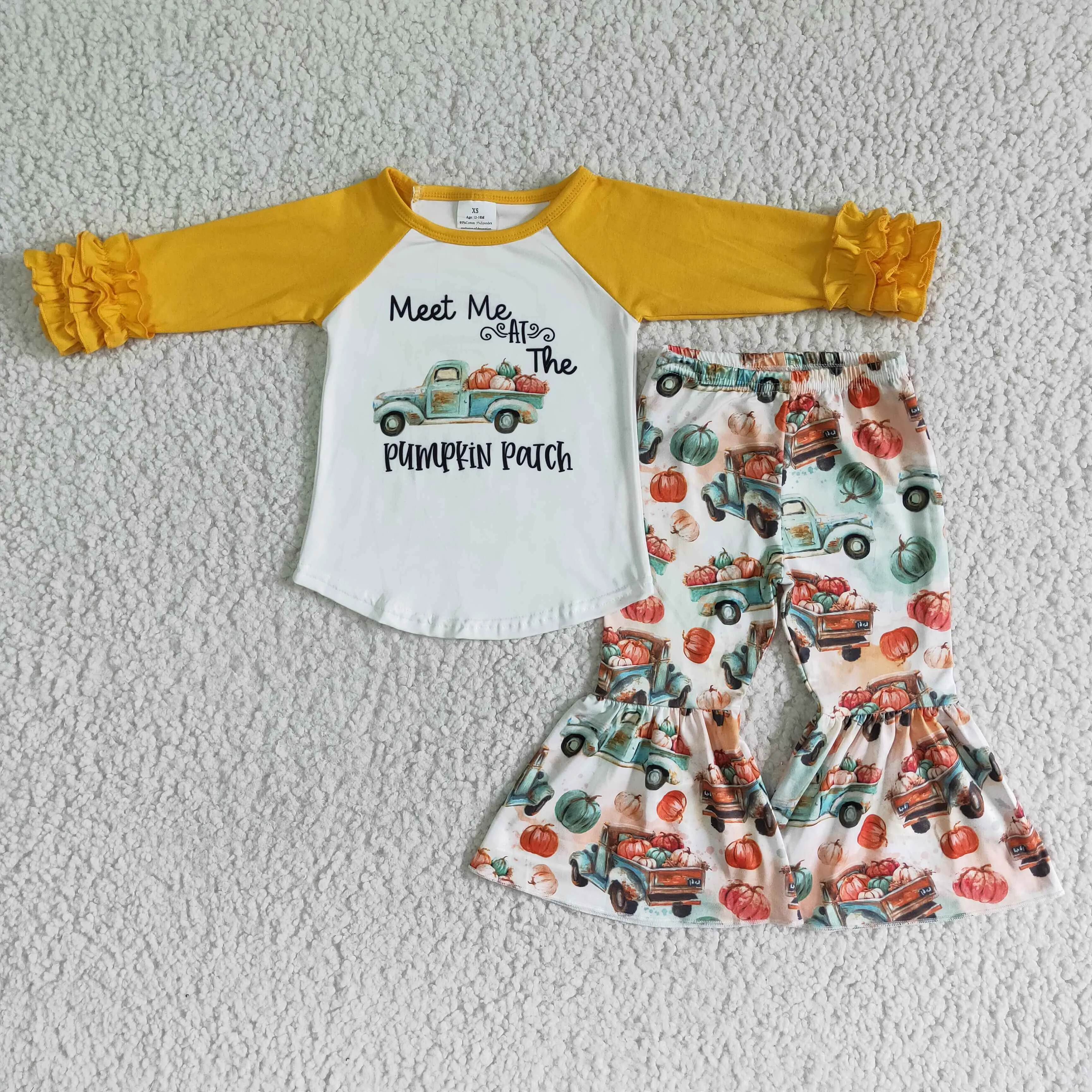 6 A2-13 Girl Yellow Pumpkin Truck Long Sleeve Bell Bottom Outfits Set Meet Me At the Pumpkin Patch-promotion 2023.10.4