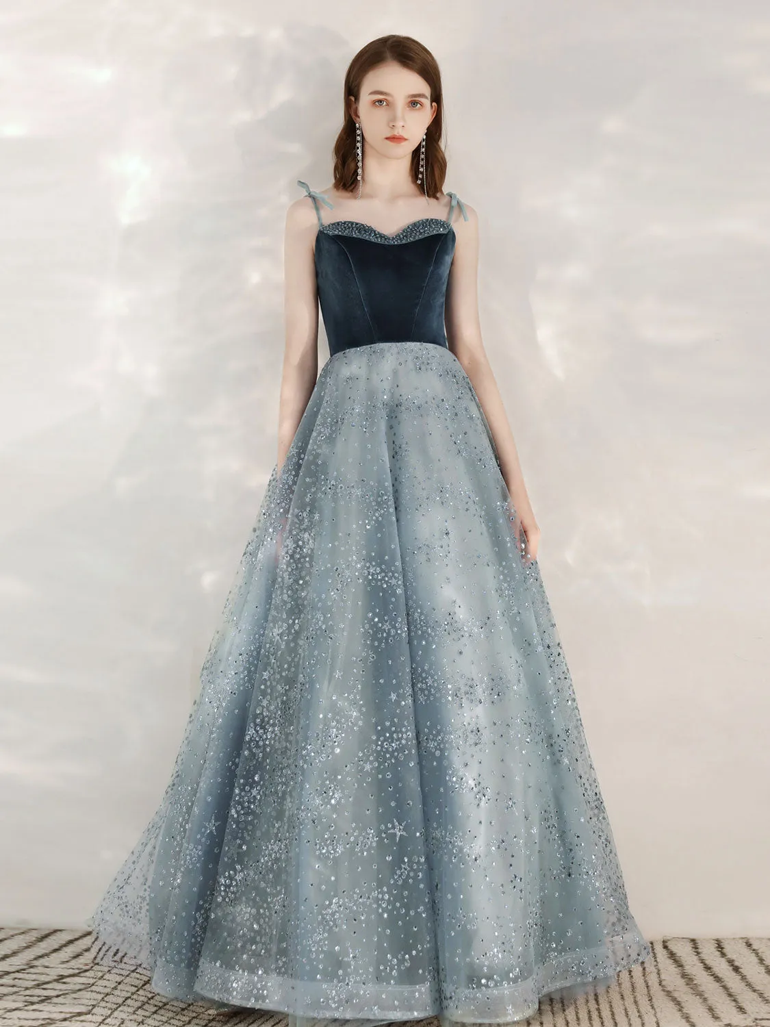 A-Line Sequin Tulle Blue Long Prom Dresses, Tulle Formal Dress with Velvet