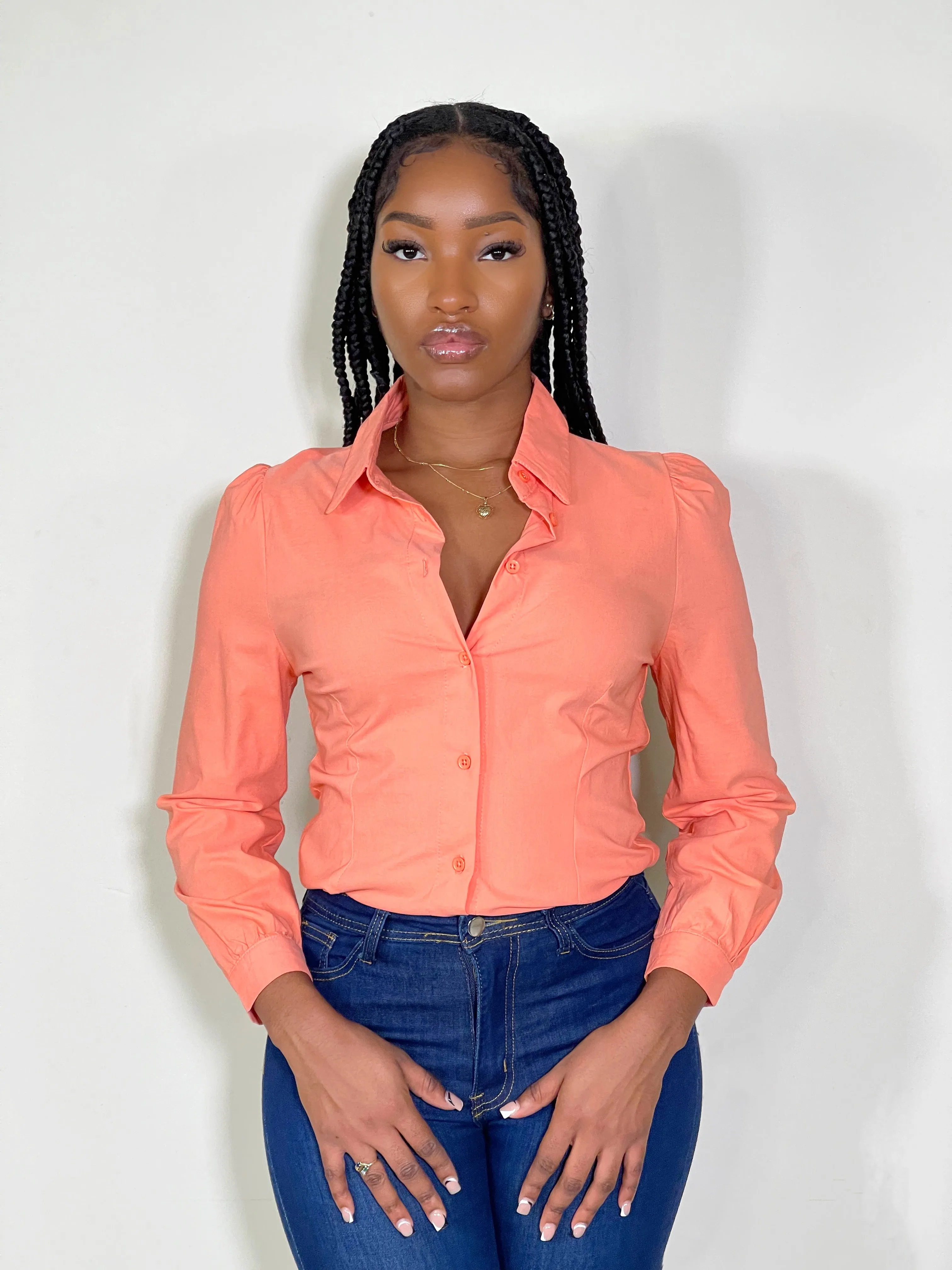 Adela Long Sleeve Collared Shirt Top-Coral