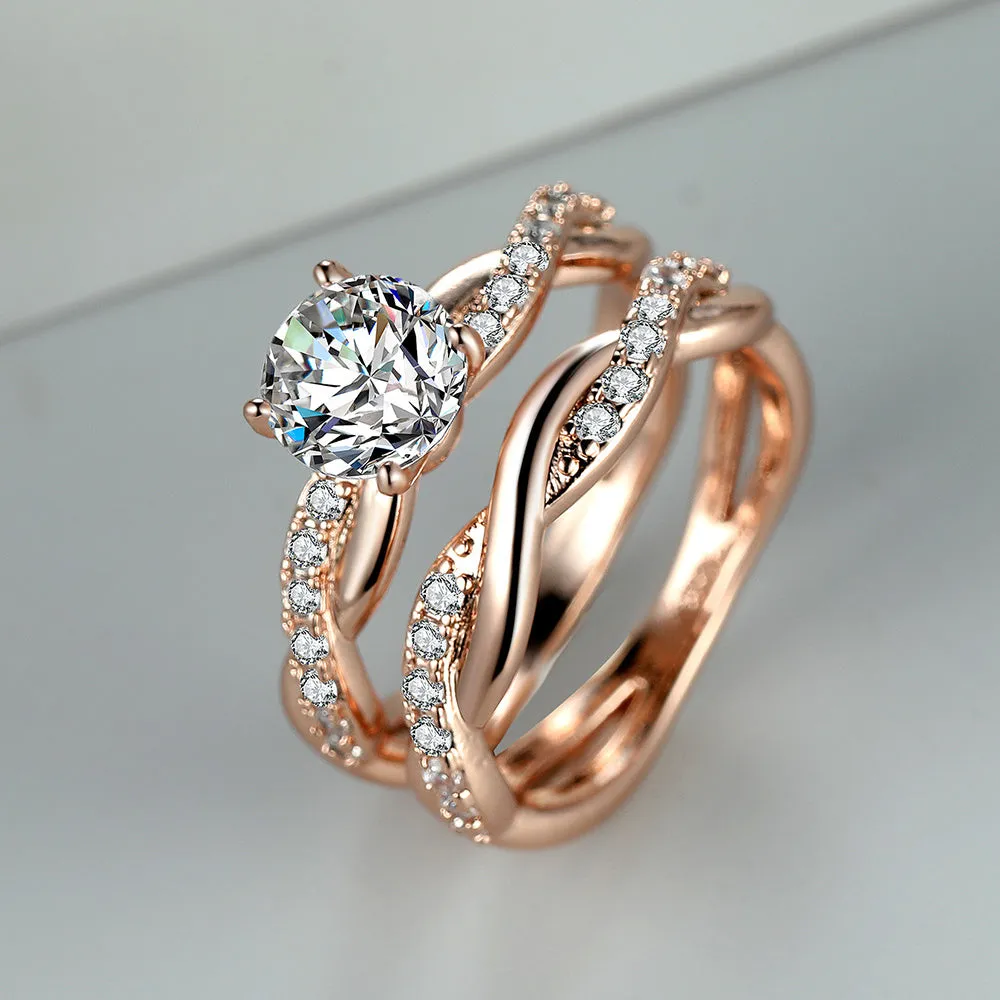 Beautiful 18K Gold Plated Twist Design Zircon Ring Set - Perfect Gift for Women & Girls!