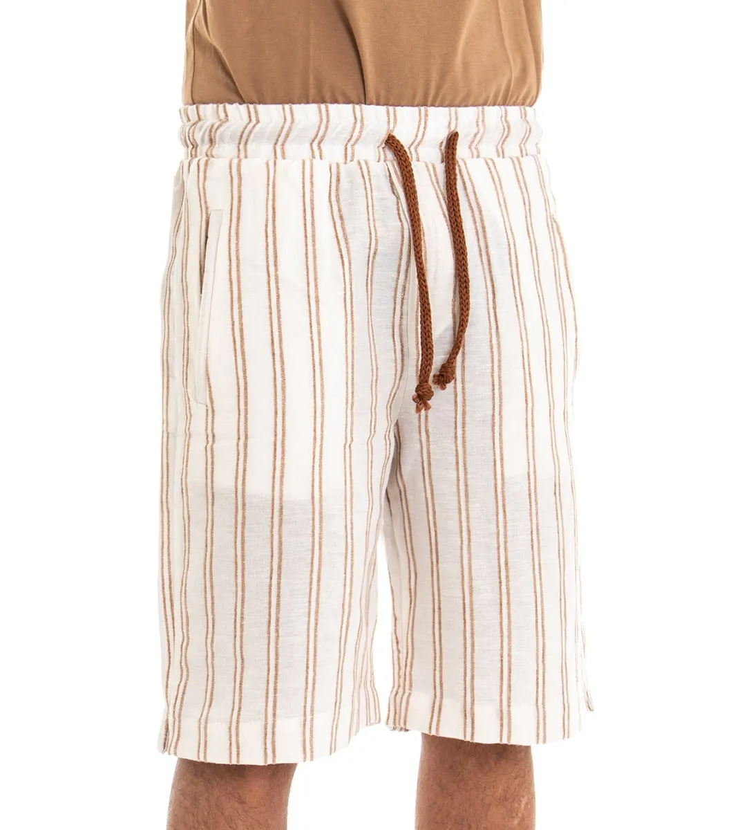 Bermuda Pantaloncino Uomo Rigato Beige Righe Tasca America Elastico GIOSAL-PC1322A