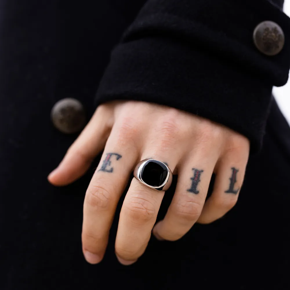 Black Polished Signet Ring - Silver