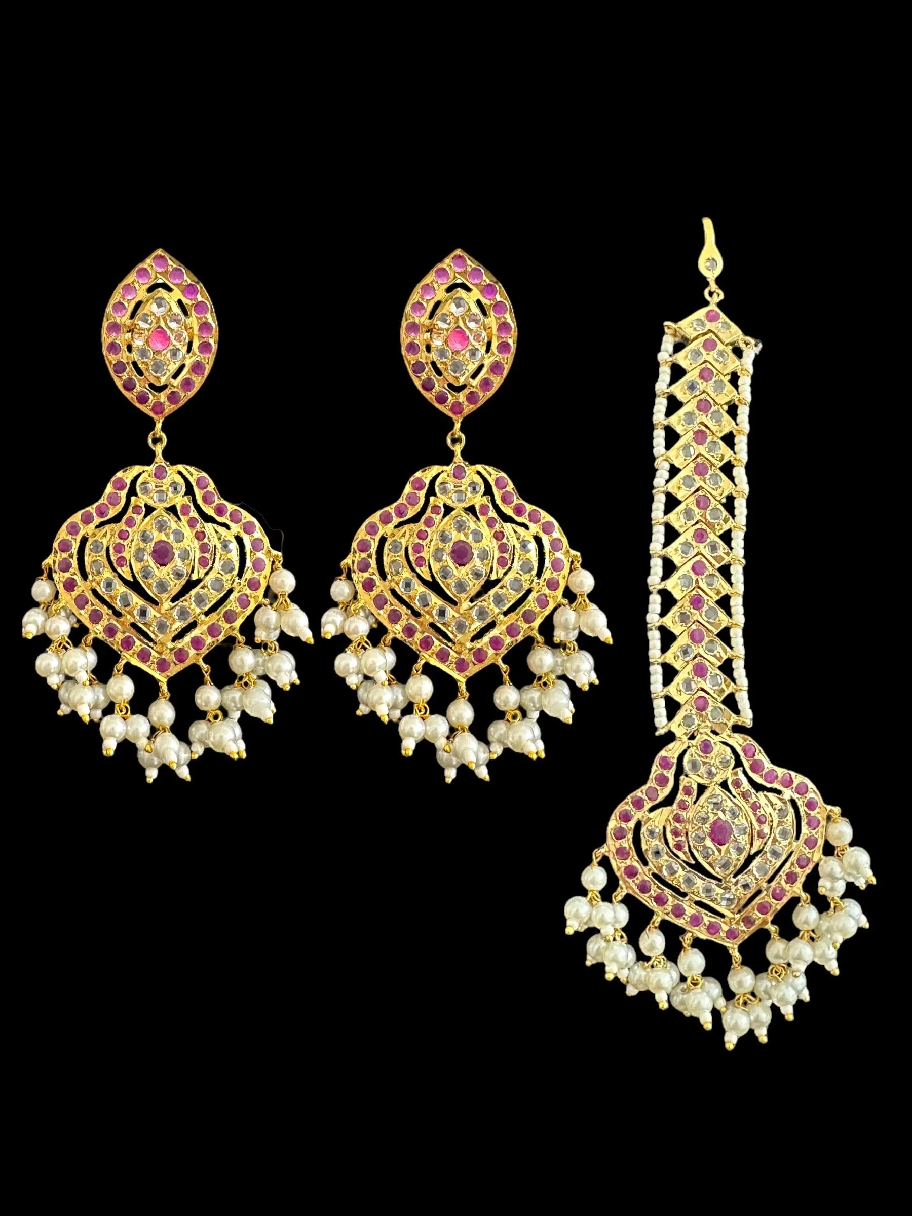 BR307 Gold plated bridal set with earrings tika in ruby ( READY TO SHIP)