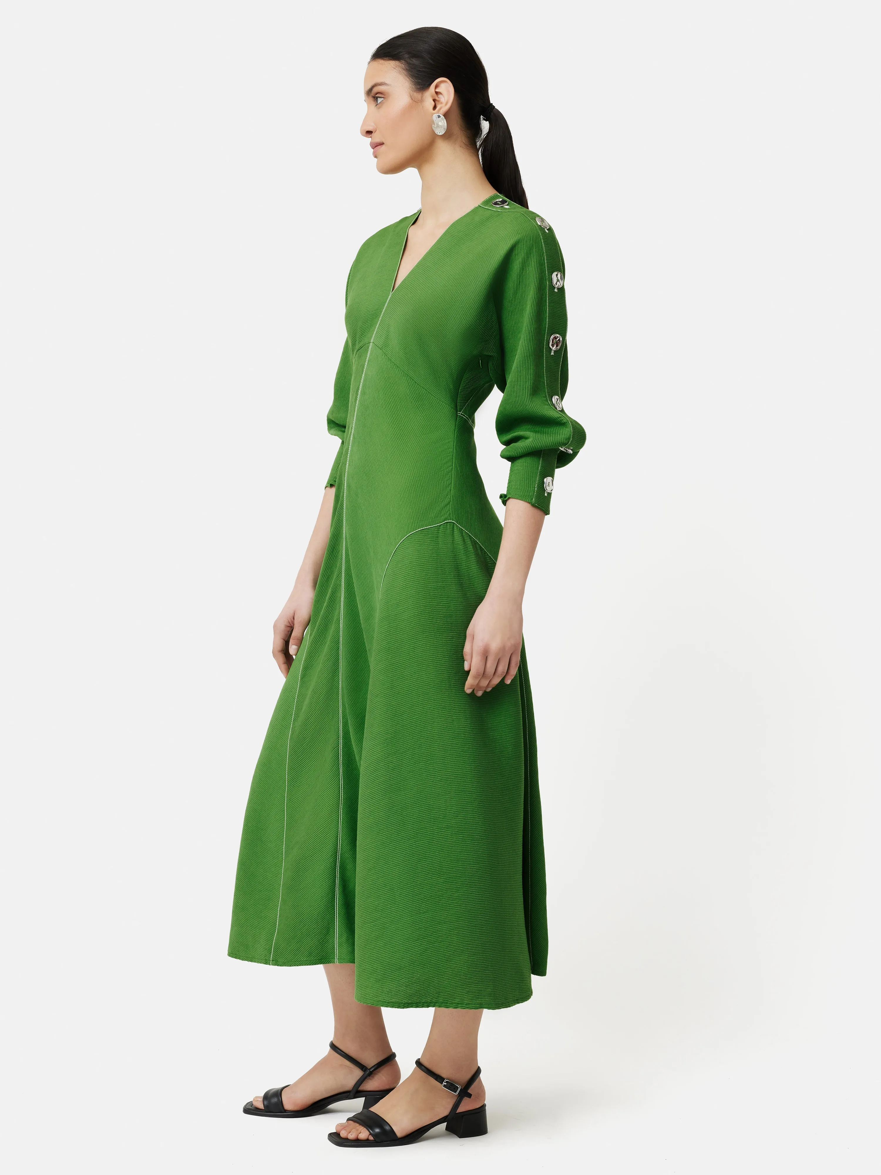 Button Detail Crepe Midi Dress | Green