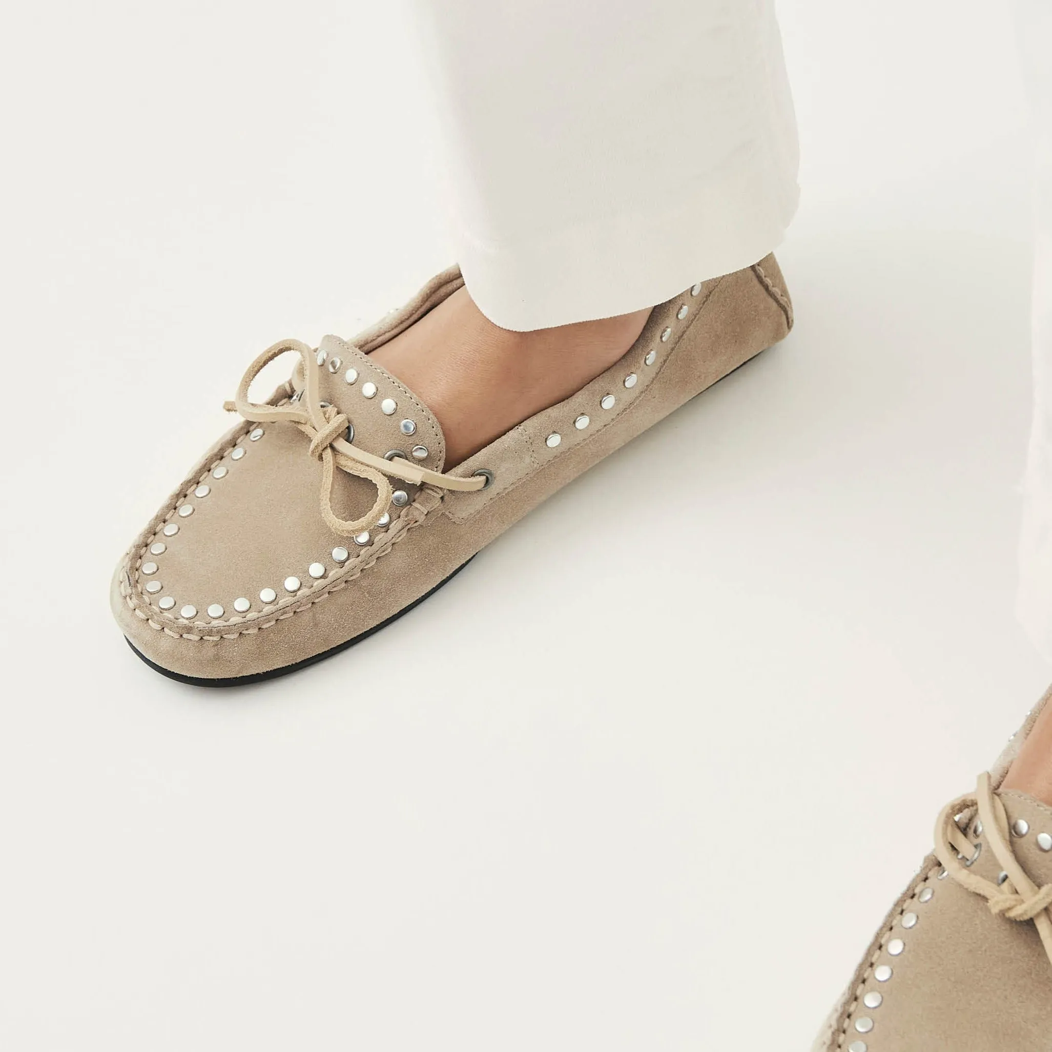 Calla Suede Studs Beige Leather Loafers