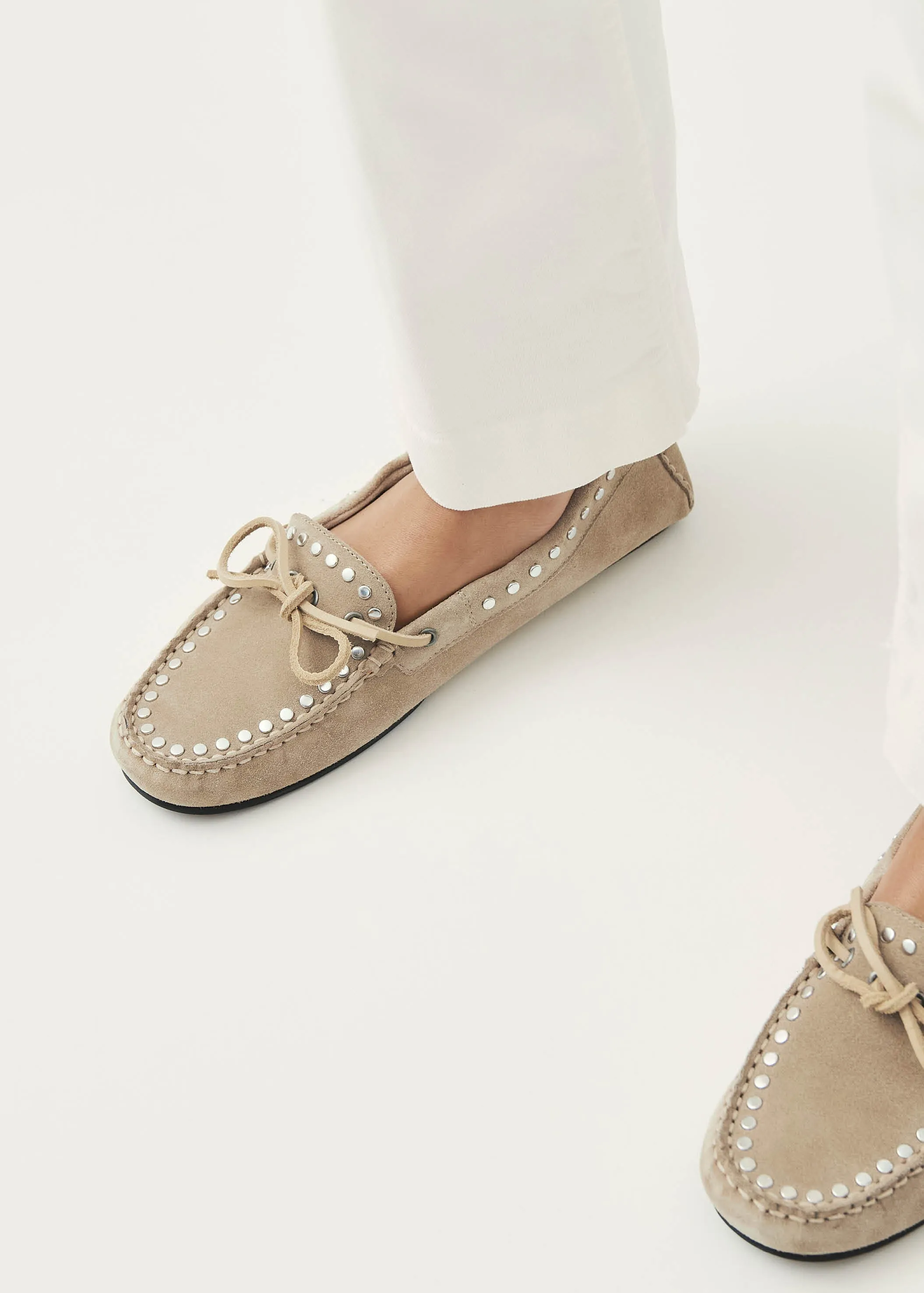 Calla Suede Studs Beige Leather Loafers