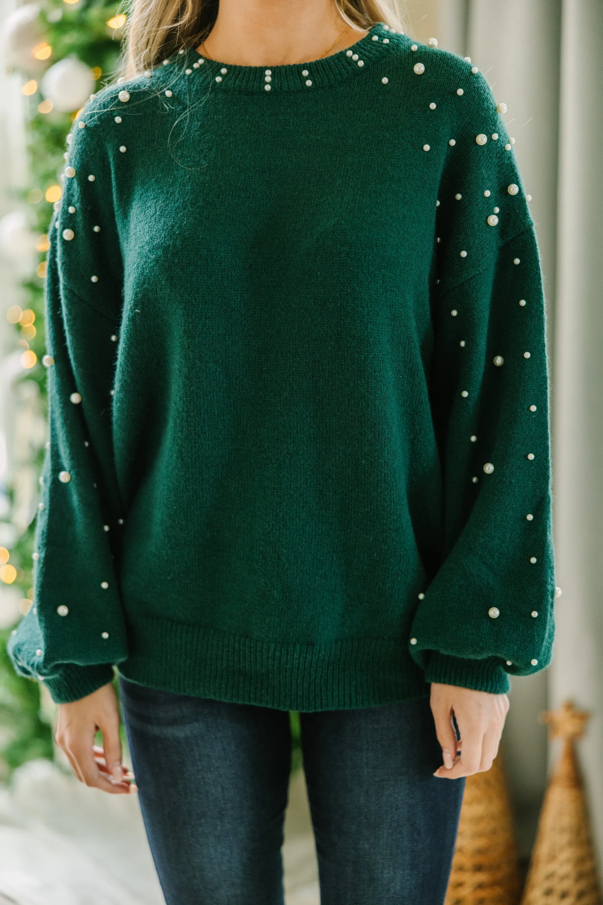 Can't Help But Love Emerald Green Pearl Studded Sweater