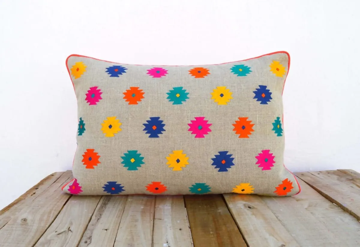 Colorful bohemian style linen pillow cover, embroidered moroccan pillow case, tribal indian cushion cover, peruvian, aztec pillow, ethnic