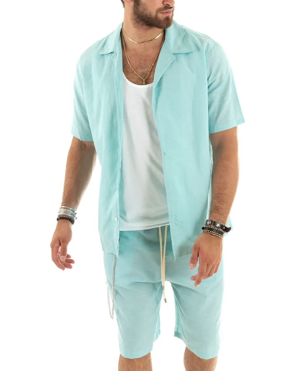 Completo Set Coordinato Uomo Viscosa Camicia Con Colletto Bermuda Outfit Verde Acqua GIOSAL-OU2355A