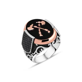 Double Viking Axe on Black Ellipse Onyx Stone Silver Men's Ring Siding Zircons in Epaulet Shape