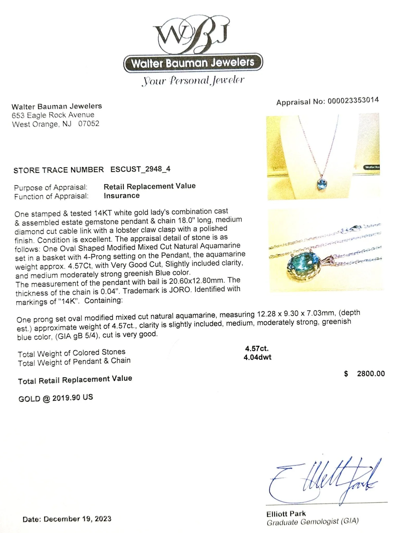 Estate 14K W Gold 4.57ct Aquamarine Pendant