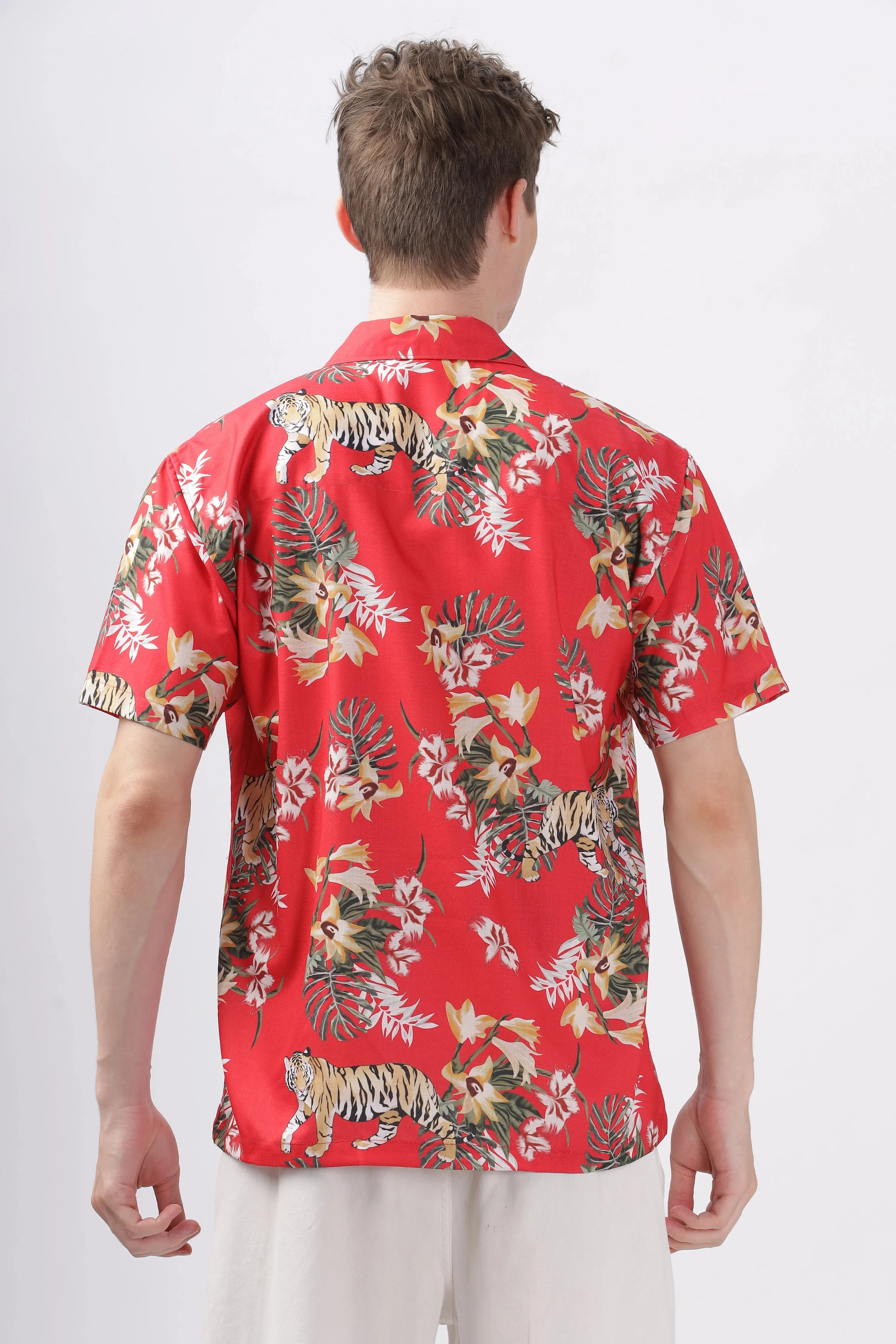 Flower print red half sleeve shirt for men