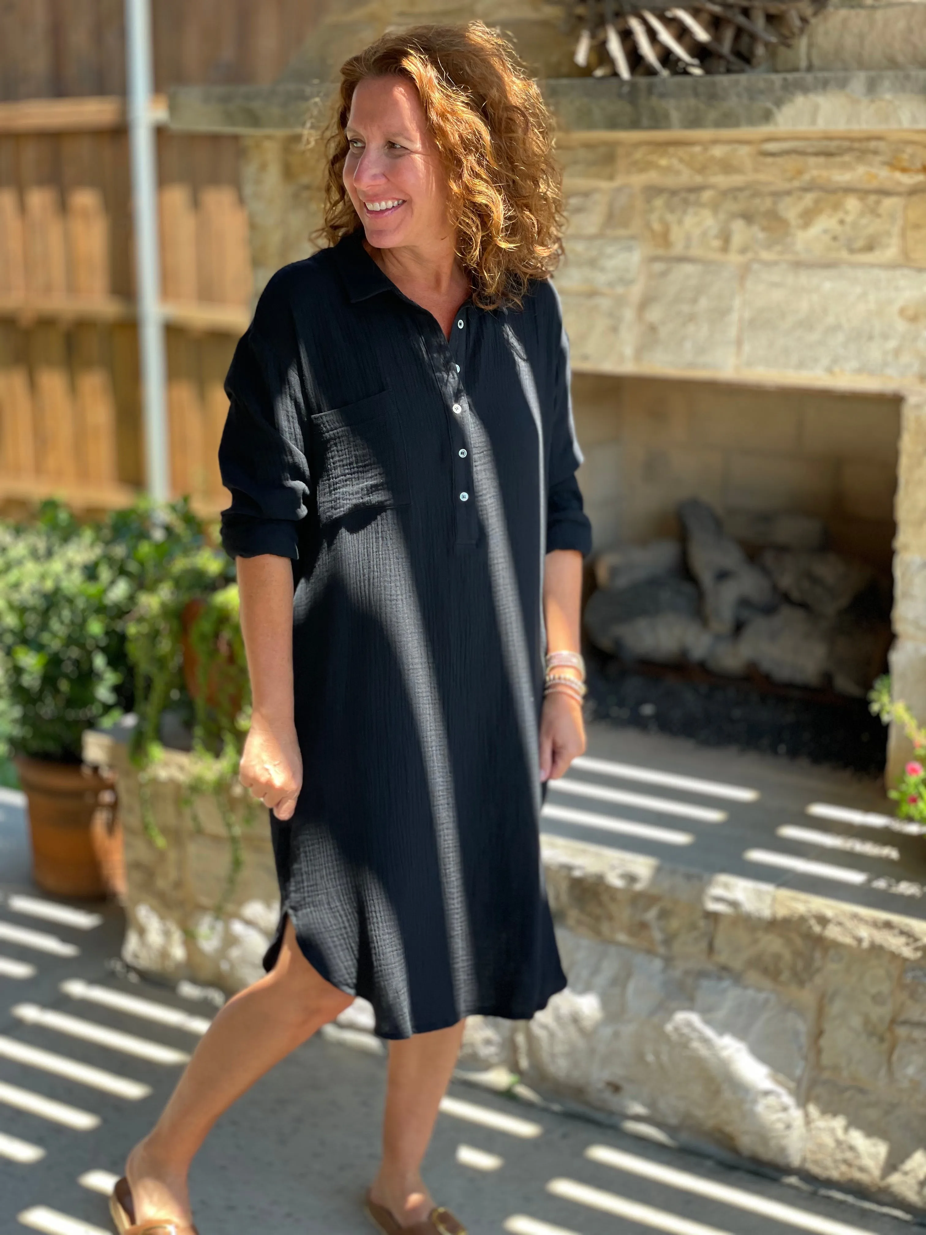 Gauze Button Up Shirtdress in Black