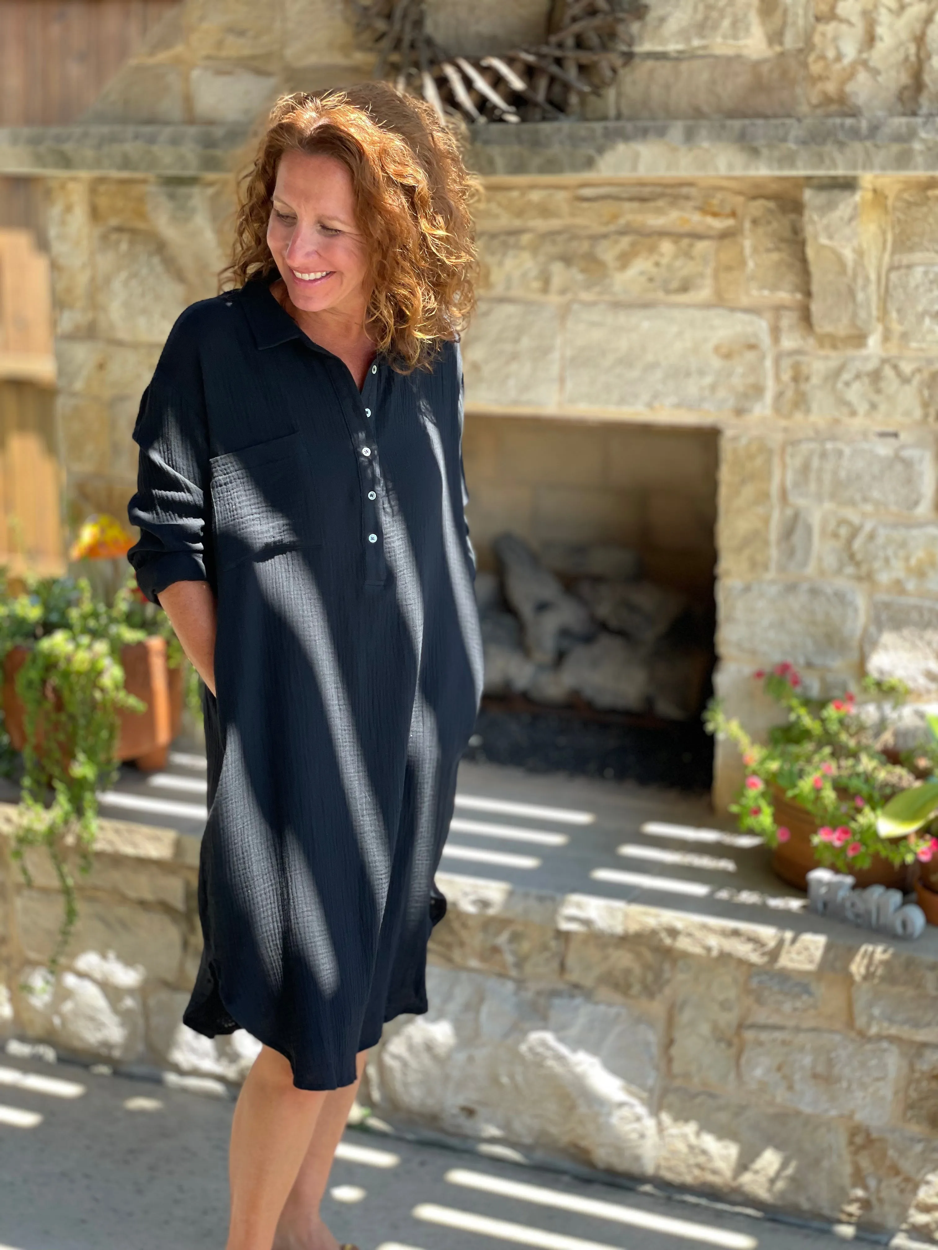 Gauze Button Up Shirtdress in Black