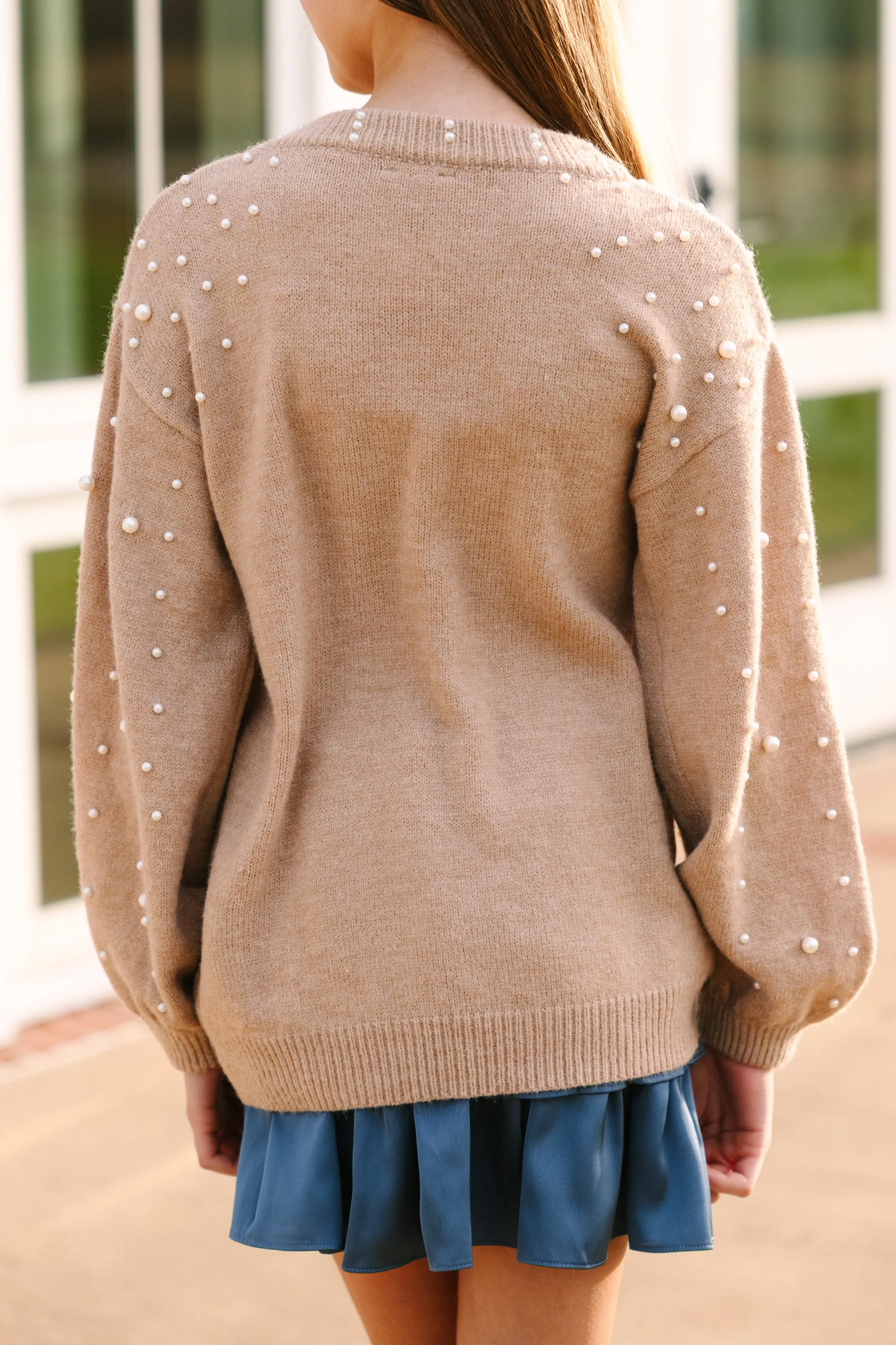 Girls: Can't Help But Love Taupe Pearl Studded Sweater