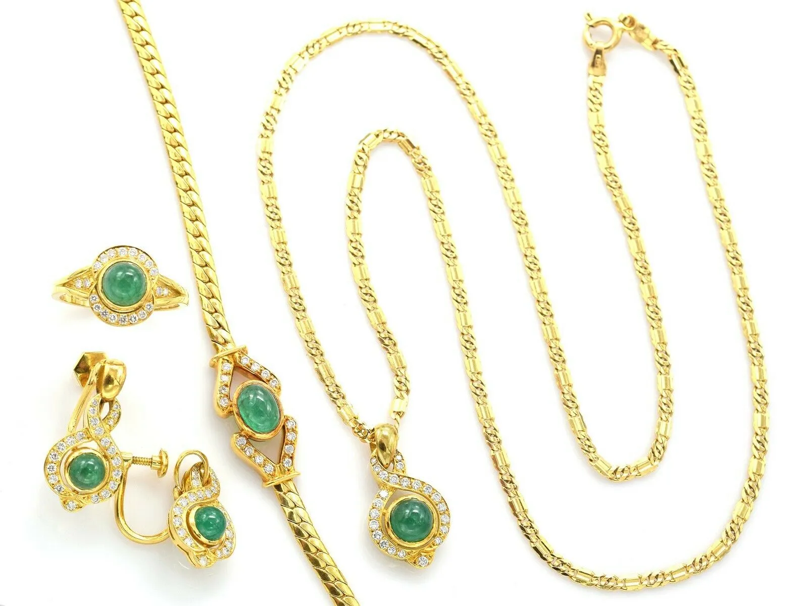 H. STERN 18K Gold Emerald & 1.49 TCW Diamond Necklace Bracelet Earring Ring Set