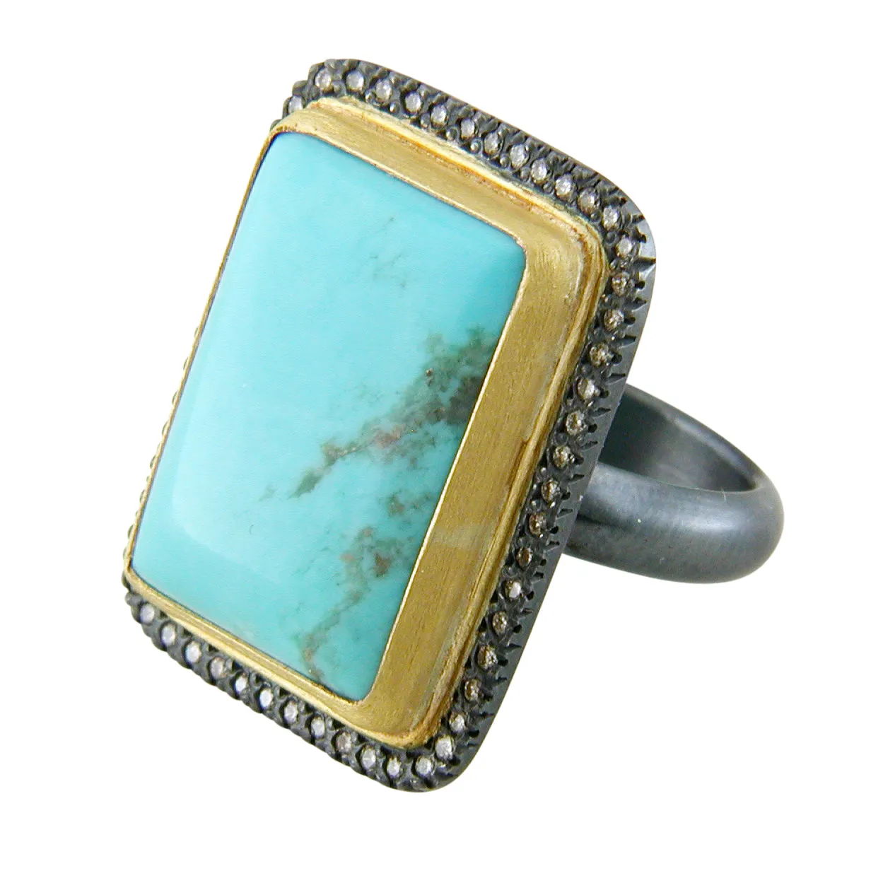 Lika Behar My World Ring in 24K Gold & Oxidized Silver with Rectangle Kingman Turquoise & Champagne Diamonds