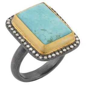 Lika Behar My World Ring in 24K Gold & Oxidized Silver with Rectangle Kingman Turquoise & Champagne Diamonds