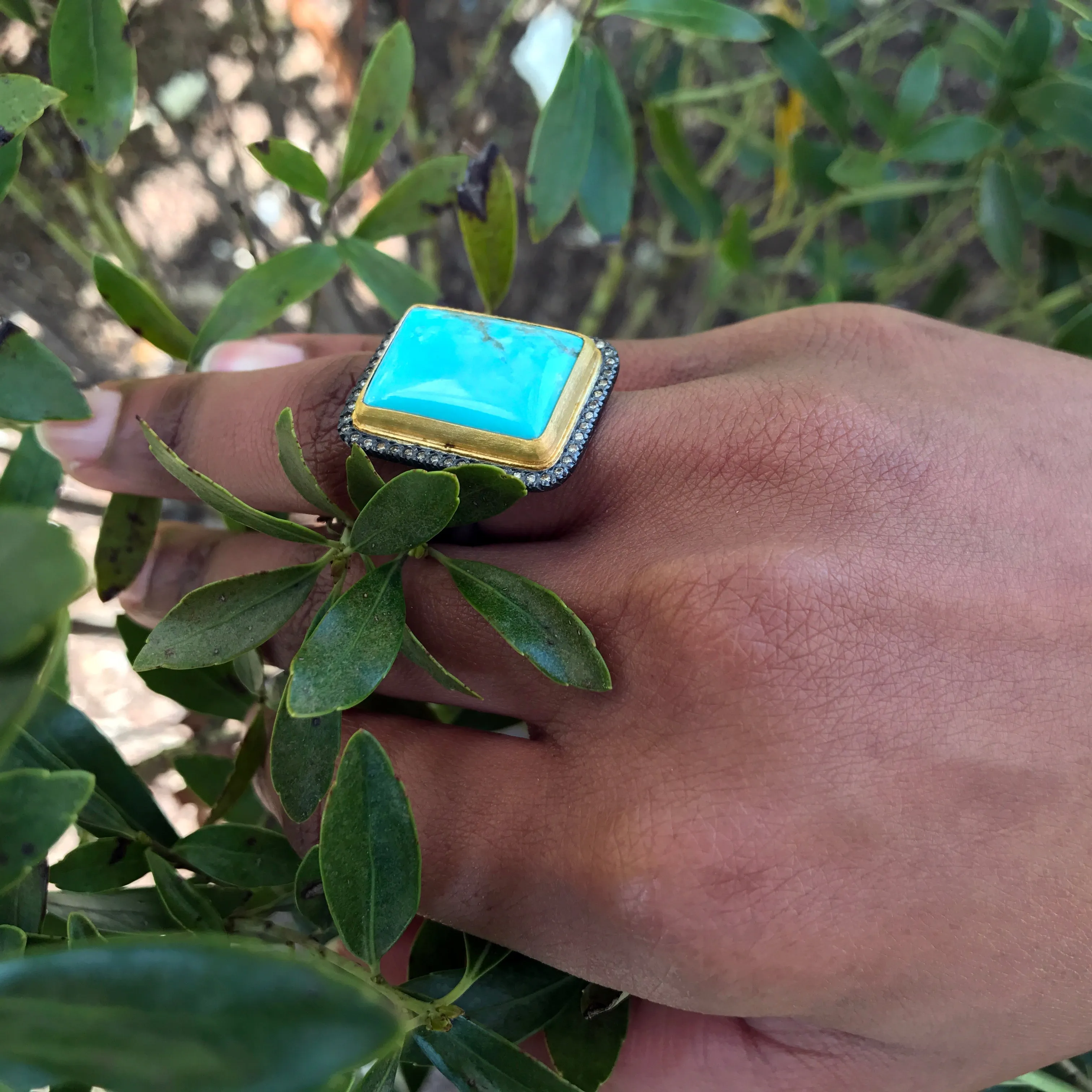 Lika Behar My World Ring in 24K Gold & Oxidized Silver with Rectangle Kingman Turquoise & Champagne Diamonds