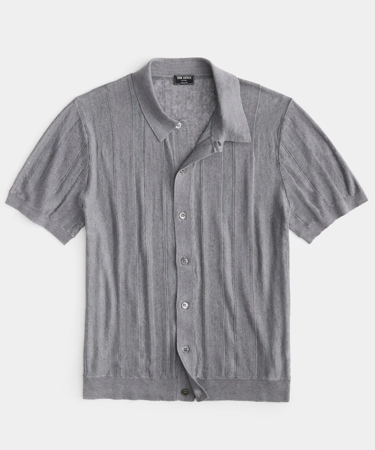 Linen Textured Stripe Full-Placket Polo in Vintage Pewter