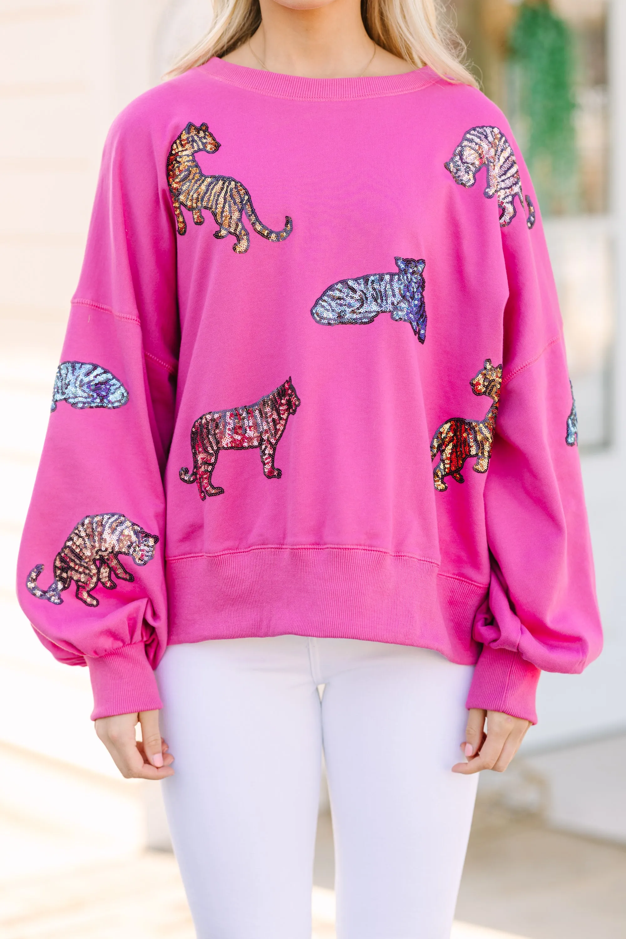 Live For Love Fuchsia Pink Sequin Tiger Pullover