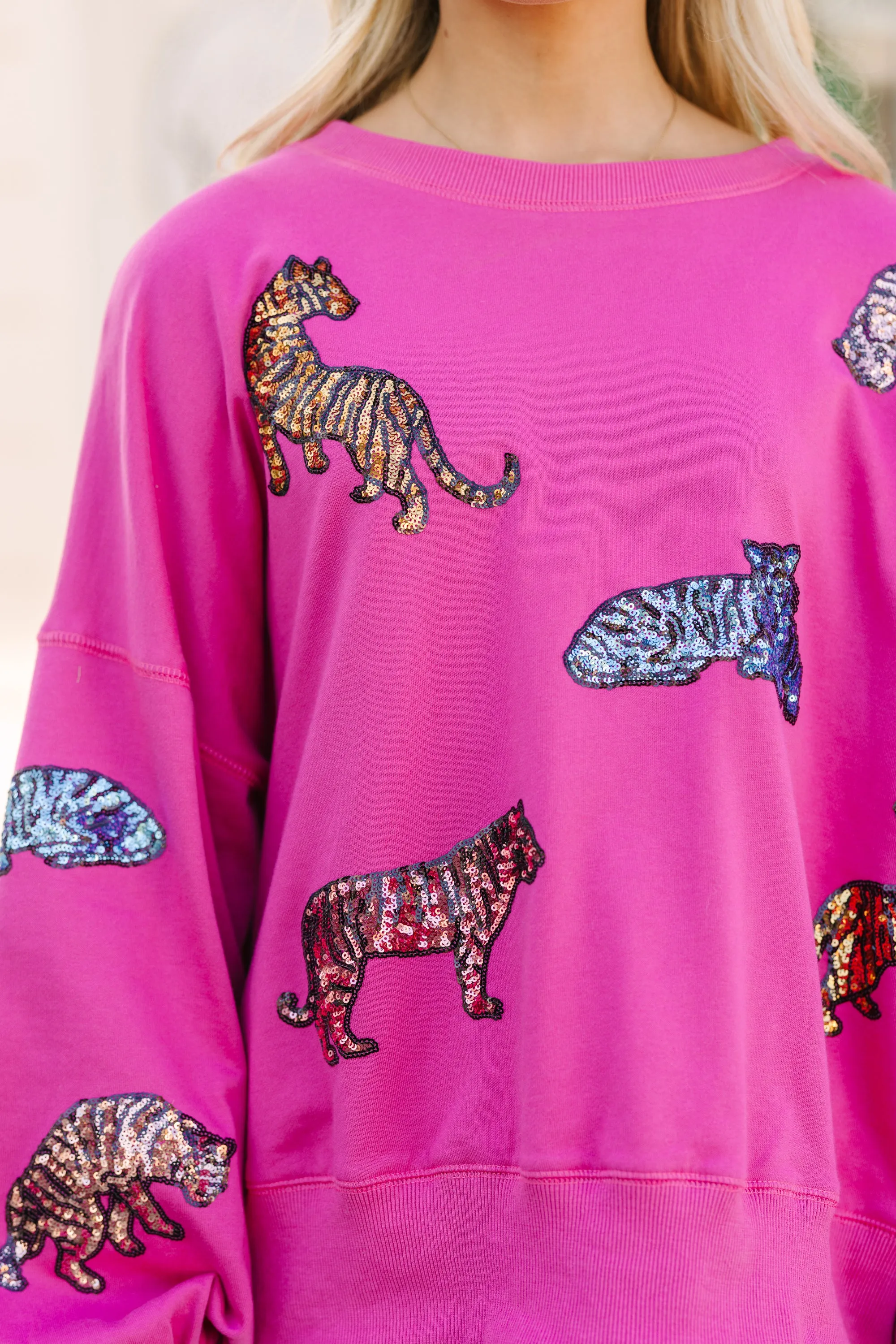 Live For Love Fuchsia Pink Sequin Tiger Pullover