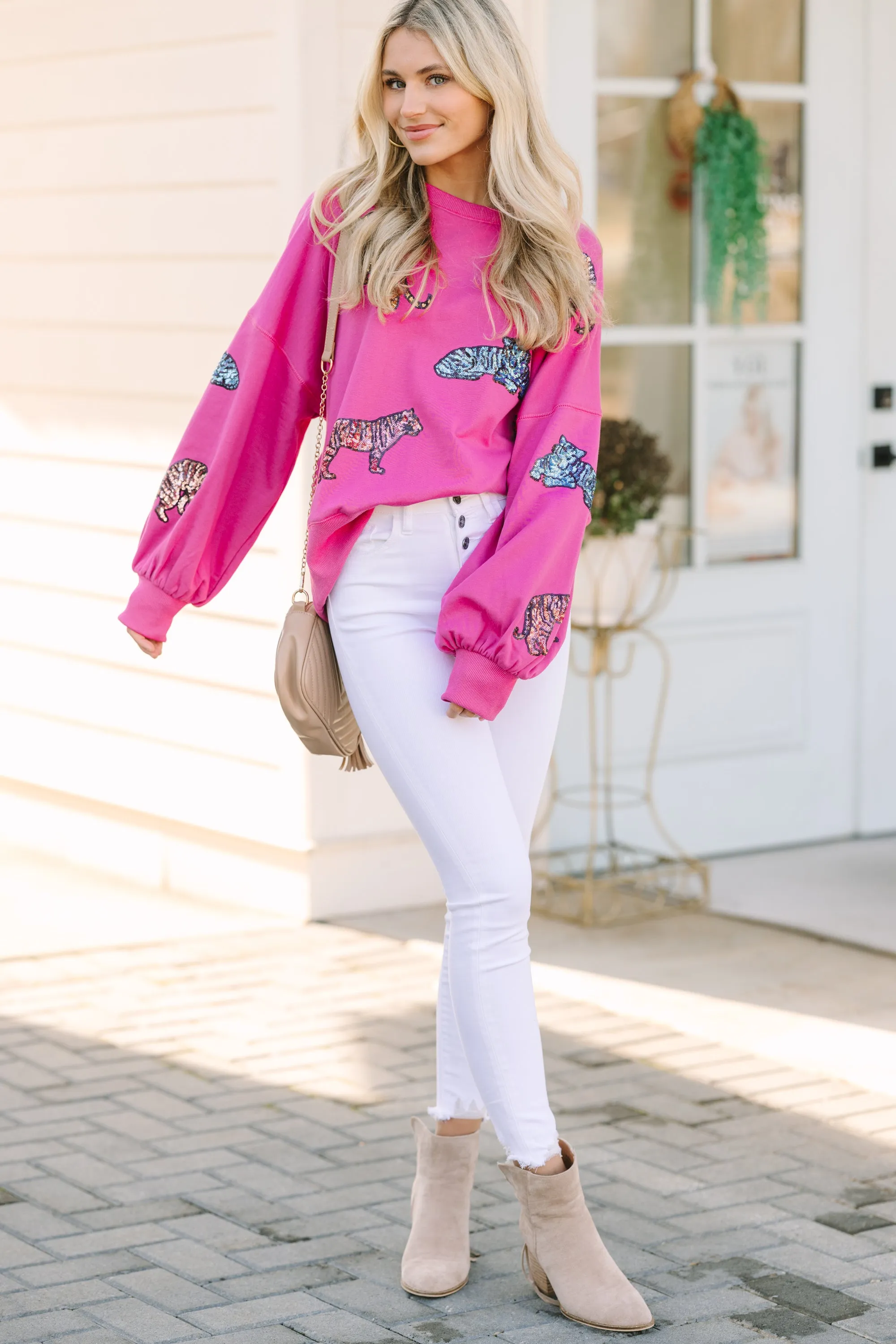 Live For Love Fuchsia Pink Sequin Tiger Pullover