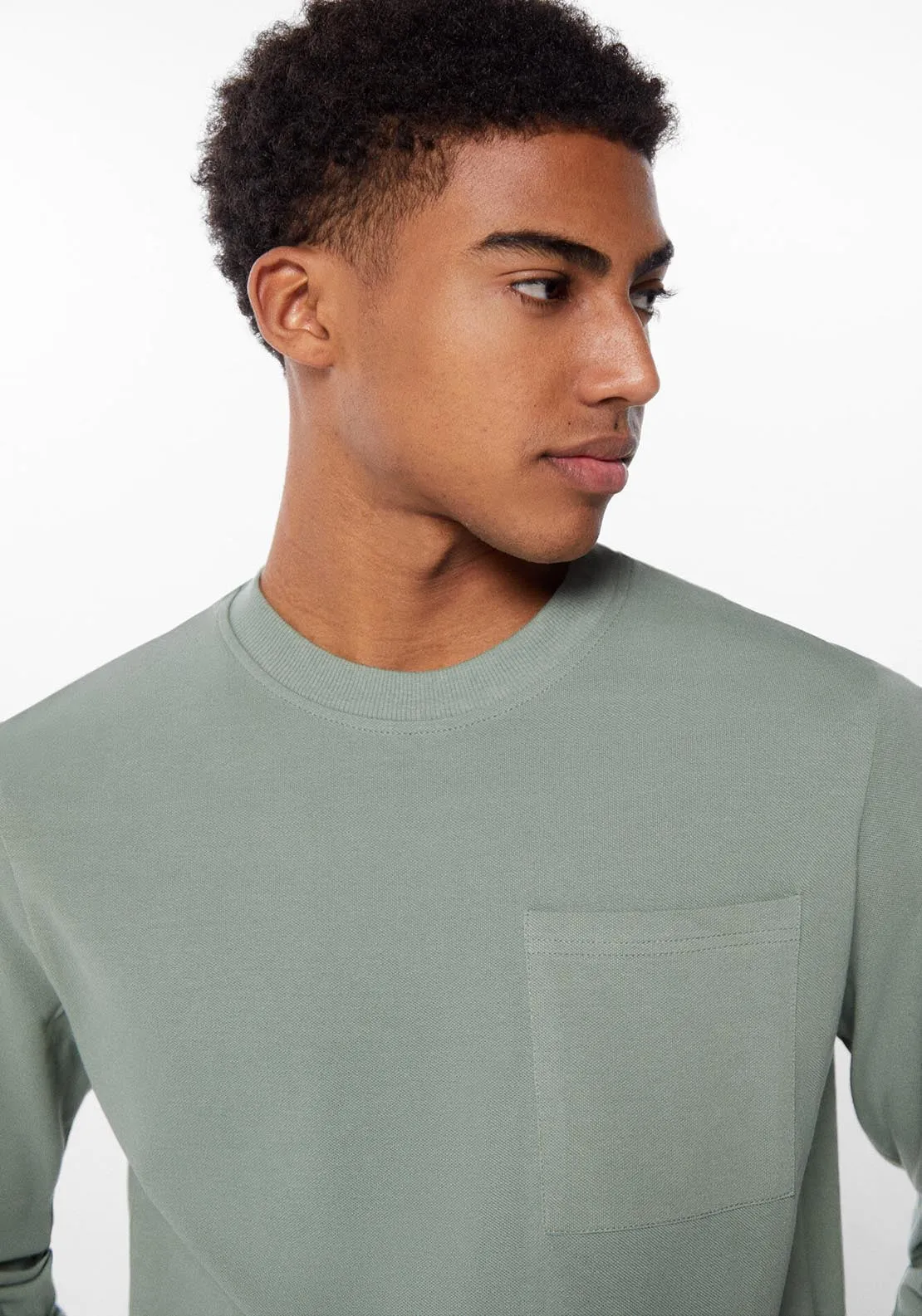 Long-sleeved piqué T-shirt with pocket - Green