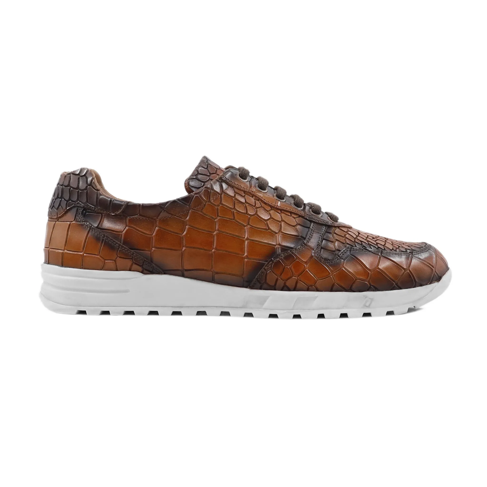 Mentus - Men's Burnt Carmael Patina Crocodile Printed Calf Leather Jogger