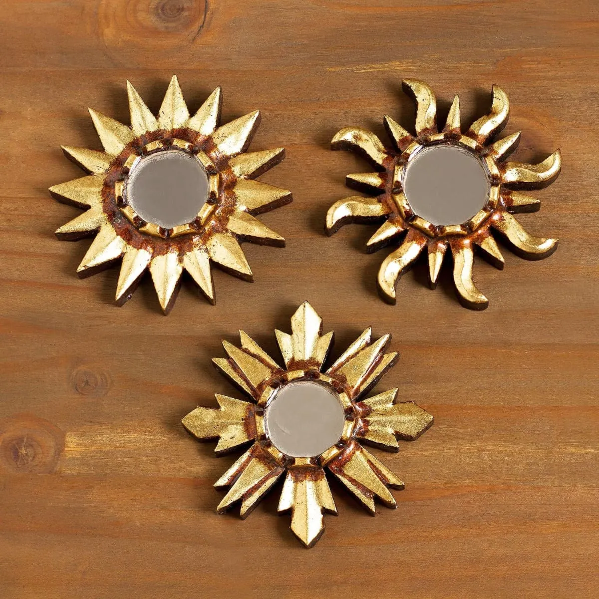 Novica Ancient Suns In Bronze Mirrored Wood Wall Accents (Set Of 3)