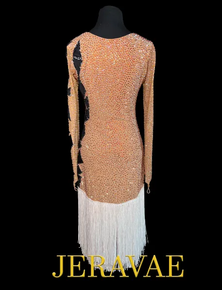 Nude Long Sleeve Latin Dress with Deep Plunging Neckline, Black Accents, Asymmetrical White Fringe Skirt, Swarovski Stones, and Closed Back Sz M/L Lat193