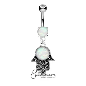 Opal Glitter Set Hamsa Dangle Surgical Steel Belly Button Navel Ring