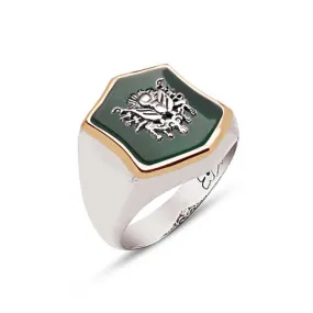 Ottoman Coat of Arms on Green Agate Stone Hexagon Silver Men’s Ring