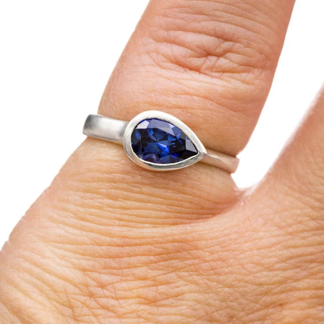 Pear Genuine Blue Sapphire Tear Drop Bezel Solitaire Engagement Ring